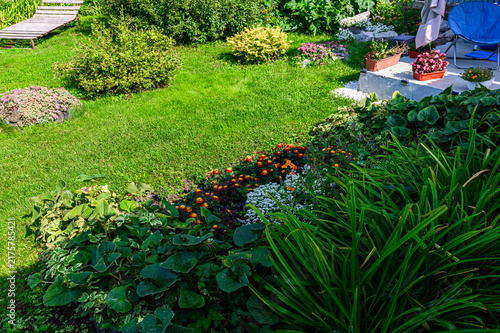 Cuadro en lienzo lush green lawn in garden is bordered by orange white flowers, ornamental grasses, shrubs, potted plants