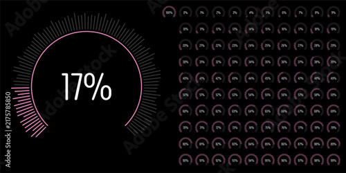 Set of circular sector arc percentage diagrams meters progress bar from 0 to 100 ready-to-use for web design, user interface UI or infographic - indicator with pink