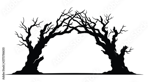 Quadro su tela Spooky dead tree silhouette archway, gnarled bare branches forming a natural fra