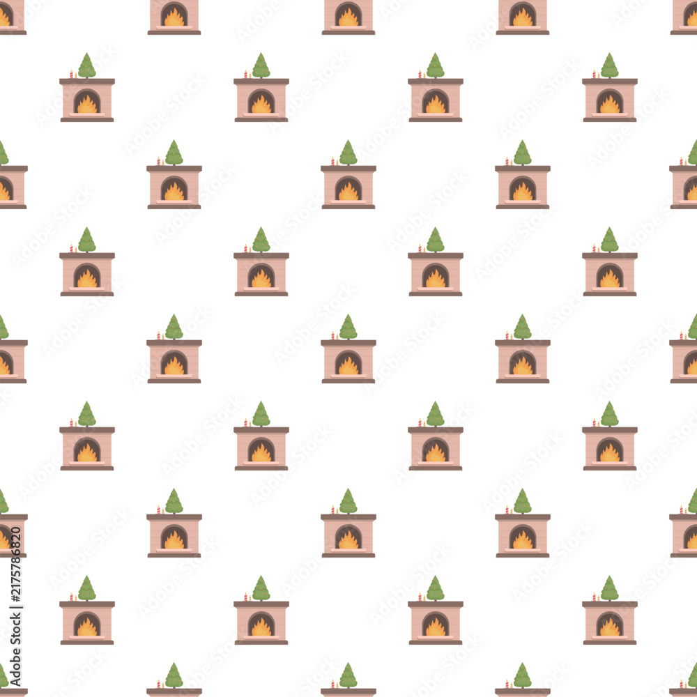 Naklejka premium Repeating pattern showing fireplaces with burning fires and a small christmas tree on top