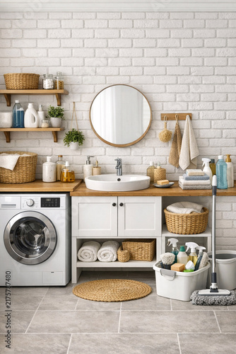 Minimalist bathroom with white brick wall. Wooden shelves hold baskets and plants. Circular mirror above sink and cabinets. Laundry machine beside vanity unit. Rugs, towels, and cleaning tools nearby
