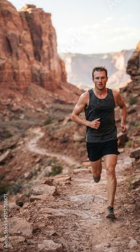 Male Athlete Running Through a Rugged Desert Canyon Trail for Intense Outdoor Fitness and Endurance Training Under the Golden Sunlight