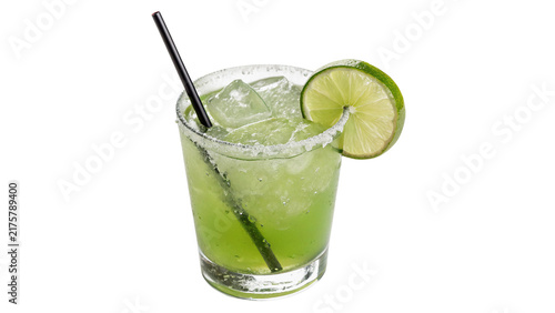 Refreshing green lime cocktail with straw and citrus slice isolated on transparent background for bar menu.
