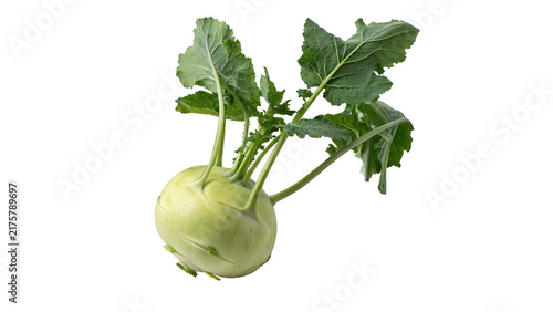 Fotografía Fresh whole green kohlrabi turnip with leaves isolated on transparent background for agricultural organic farm recipes