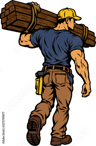 USA Labour Carrying Woods Lumber. This Muscular Carpenter carrying lumber art is best for  USA Labour Day, construction, and other woodwork posts, ads and social media posts. 