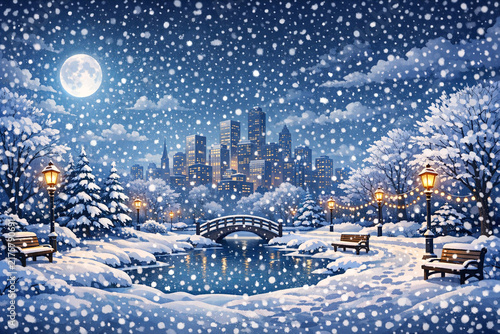 Snowy park under full moon. City skyline glows in distance. Bridge spans icy pond. Lamps cast warm light. Trees blanket snow. Bench sits quietly. Falling snowflakes everywhere