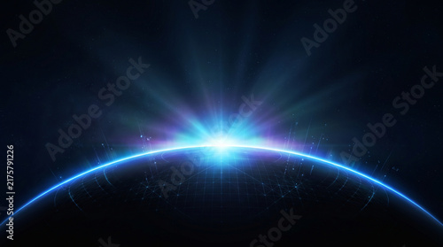 Futuristic digital cyber planet horizon glowing with global network lines and radiant cosmic sunrise light rays in deep space technology background concept illustration