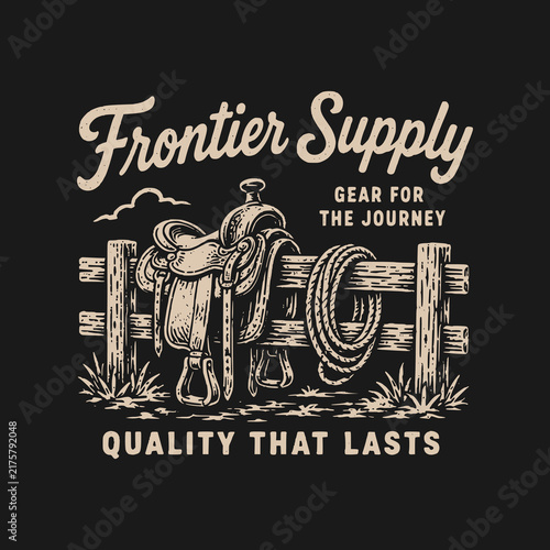 Vintage Western Saddle and Lasso Rope Illustration on a Wooden Fence Design