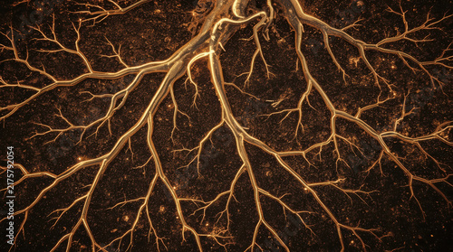 Abstract root network on dark soil evokes underground growth and ecological connection