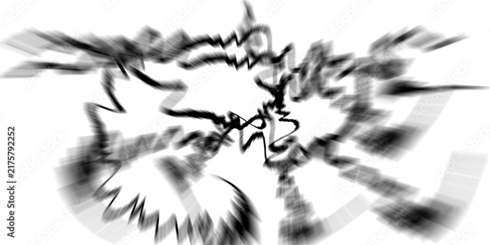 Fototapeta premium Explosive abstract art with sharp black lines radiating outward from a central point, creating a sense of dynamic energy and chaotic motion against a white background.