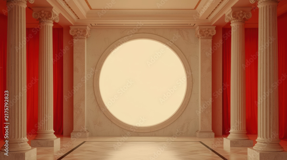 Naklejka premium Classical civic interior with red columns and glowing circular wall