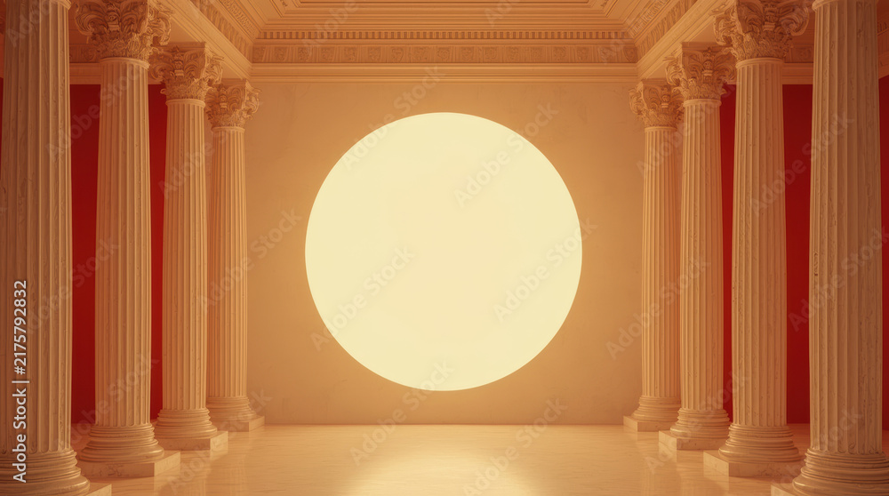 Naklejka premium Classical column interior with glowing sun disk and warm architectural symmetry