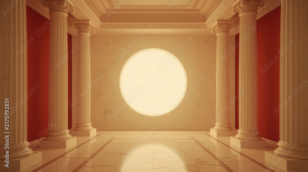Naklejka premium Classical column hall with glowing circular window creates tranquil heritage interior