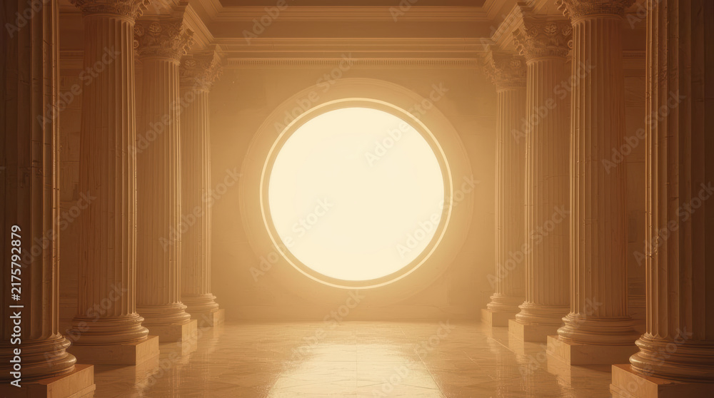 Naklejka premium Classical column hall with glowing circular window creates warm grandeur and symmetry