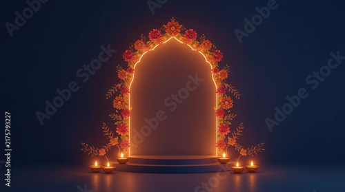 Elegant Diwali template featuring glowing floral doorway with warm candlelight