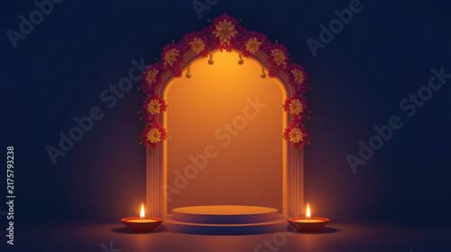 Glowing Diwali doorway with floral arch, oil lamp, and ceremonial platform