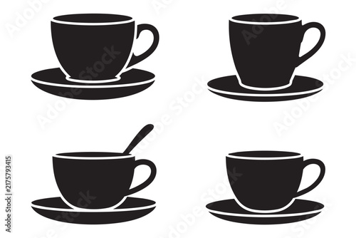 Bild auf Leinwand Black silhouette collection of tea and coffee cups with saucers for cafes