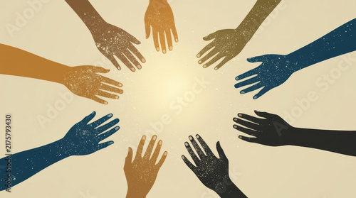 Diverse hand reaching toward bright center, symbolizing tolerance and inclusion