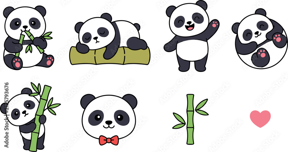 Obraz premium Cute Panda Bear Vector Icon Set Featuring Kawaii Cartoon Pandas Eating Bamboo Sleeping Waving and Rolling for Kids Stickers and Nursery Designs