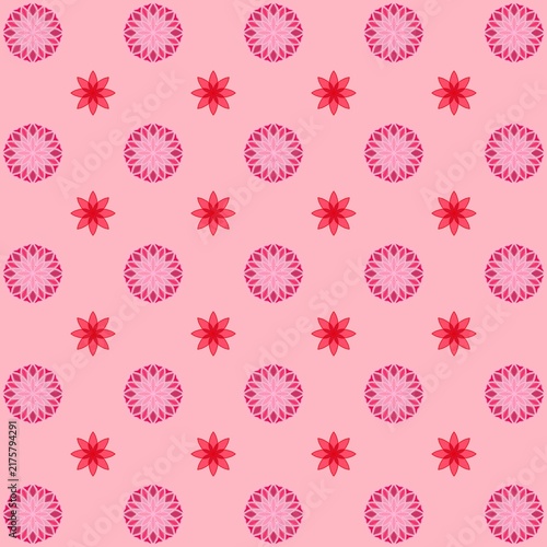 A seamless pink decorative pattern featuring repeating floral and geometric motifs on a soft pink background, suitable for textiles, stationery, wrapping paper, and surface design.