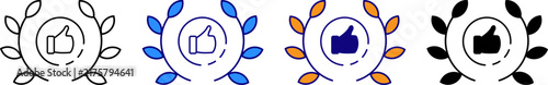 Thumbs up icon inside laurel wreath in four different color styles with approval