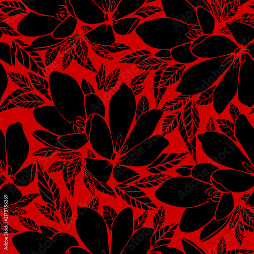 asymmetric seamless floral black contour pattern on a red background, design, background