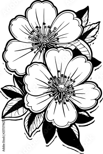simple black graphic drawing of cherry blossom without background, decor element, logo