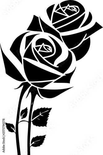black graphic drawing of a rose flower on a white background, isolated element, decor