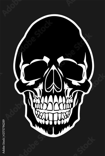 simple black graphic drawing of a human skull, logo, tattoo