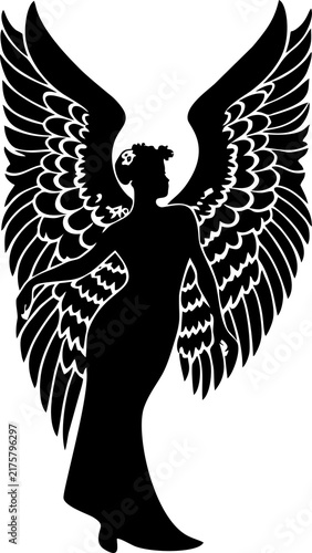 simple linear black drawing angel woman with wings, logo, design