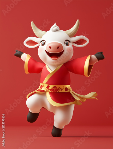 Cute ox 3D illustration in traditional Chinese costume