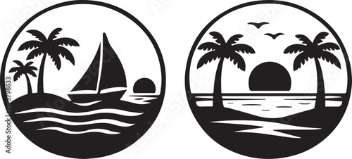 Two circular tropical beach scenes featuring palm trees and a sailboat in a minimalist black and white silhouette