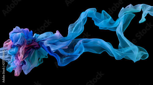 Abstract image featuring flowing blue, teal, and pink translucent fabric on a dark background.
