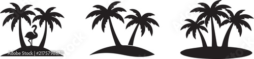 Three isolated tropical islands featuring palm trees and a flamingo in a minimalist black and white silhouette