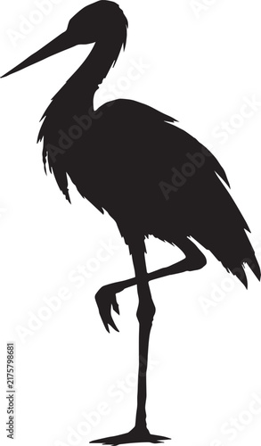 Minimalist black and white illustration of a standing stork bird depicted in a clean graphic art silhouette