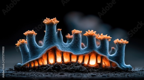 A blue, undulating structure with orange tops, resembling a microscopic organism or coral. It glows with warm orange light from its textured base.