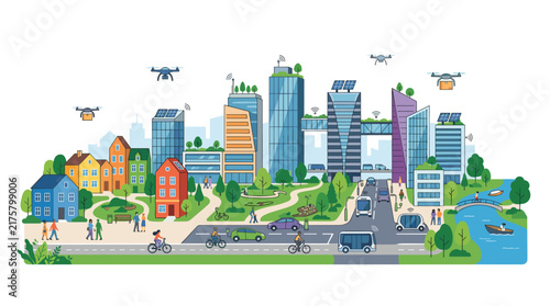 Futuristic Smart City with Drones, Green Buildings, and Sustainable Transport