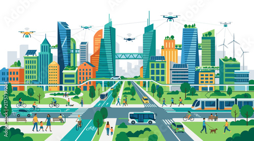 Futuristic Smart City with Drones, Green Technology and Sustainable Urban Life