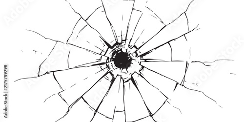 Konstfotografi Black and white illustration of a shattered glass pane with a bullet hole impact