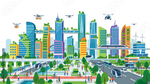Futuristic Smart City with Drones, Green Buildings, and Sustainable Transport