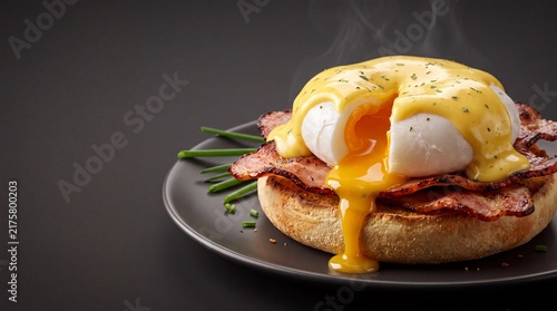 Fotografie Gourmet Eggs Benedict with Crispy Bacon and Rich Hollandaise