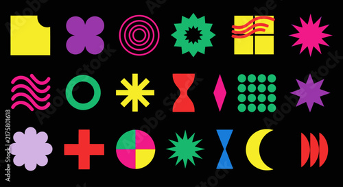 Neo-brutalist geometric shapes collection, 21 colorful abstract vector elements, vibrant bauhaus style icons for modern branding and web design