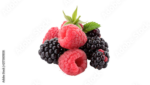 Konstfotografi Fresh summer mix of red raspberries and blackberries isolated on transparent background for organic berry harvest designs