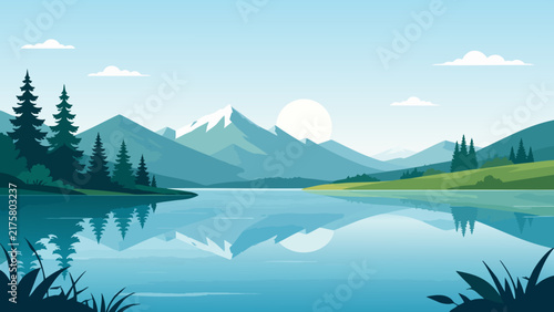 Serene Mountain Lake Landscape Illustration with Snowy Peaks, Pine Forest and Reflection