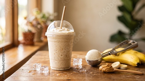 Fresh banana peanut butter smoothie in a plastic cup on a wooden table