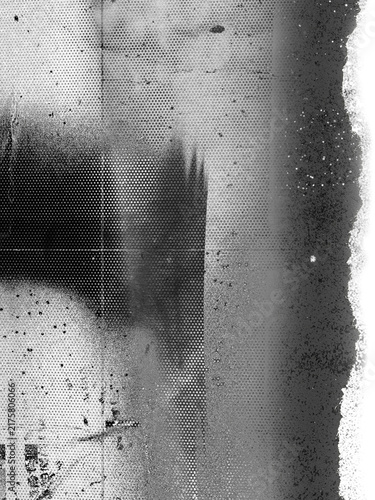 Experimental black and white halftone texture combining dense dots, faded patches, scratches, geometric divisions, and distressed print effects.