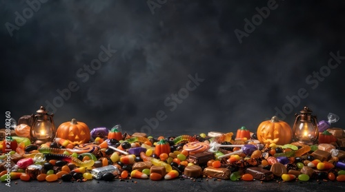Pile of assorted Halloween candy and pumpkins on a dark background