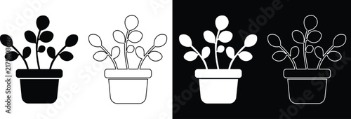 Potted money plant with rounded oval leaves in a flowerpot vector icon set featuring solid silhouettes, linear outlines, and inverted black and white variations.