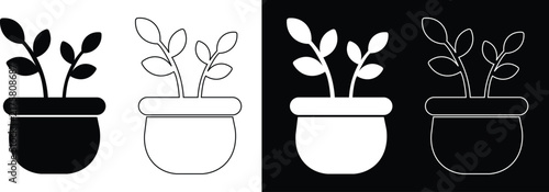Potted plant with two leafy branches in a rounded pot vector icon set featuring solid silhouettes, linear outlines, and inverted black and white variations.