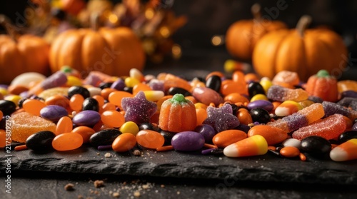 Colorful Halloween candy and pumpkins on a dark stone table surface